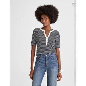 Madewell Striped Elbow-Sleeve Henley Tee Knit Top Midnight Navy Size XL